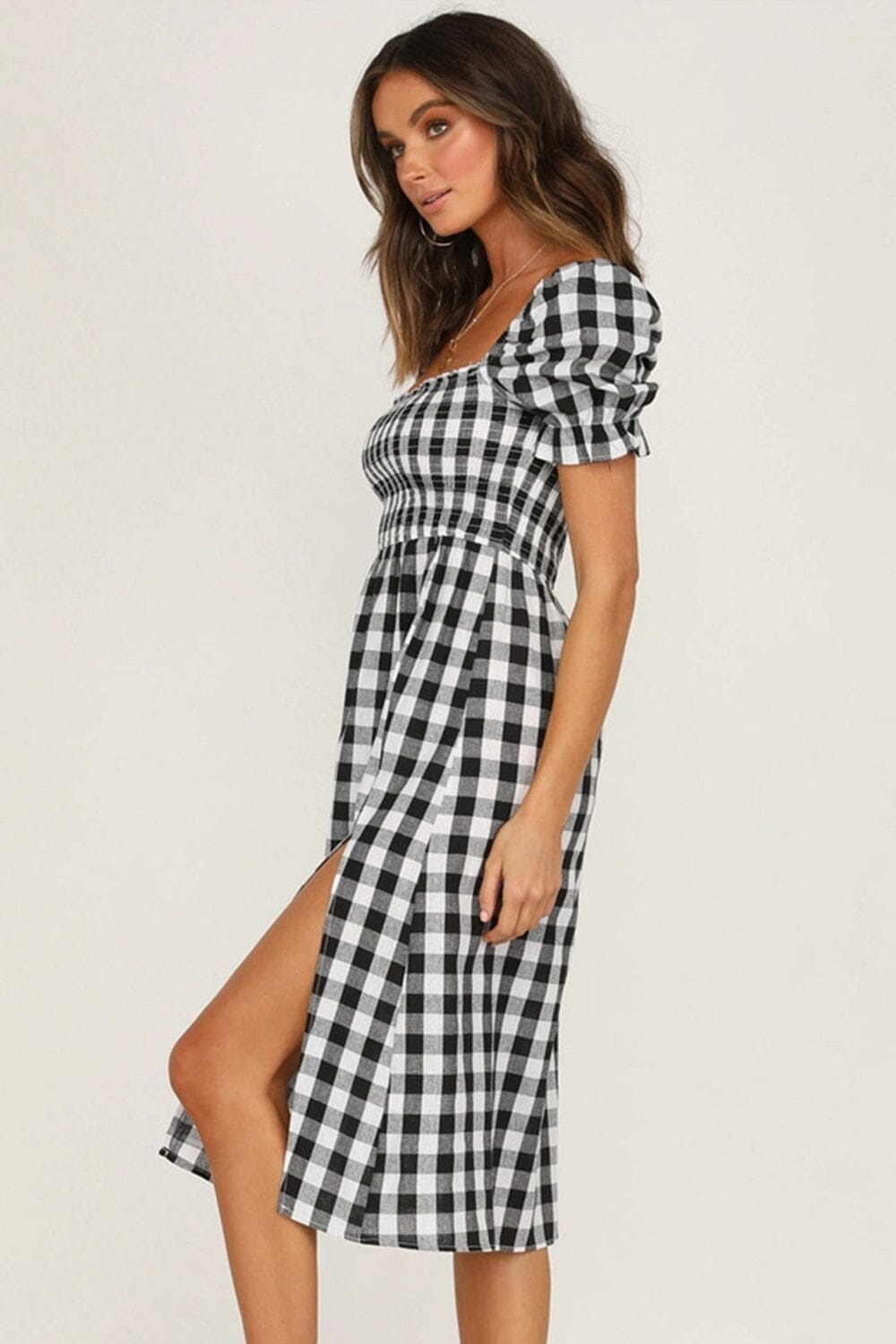 Full Size Slit Plaid Short Sleeve Midi Dress - Sydney So Sweet