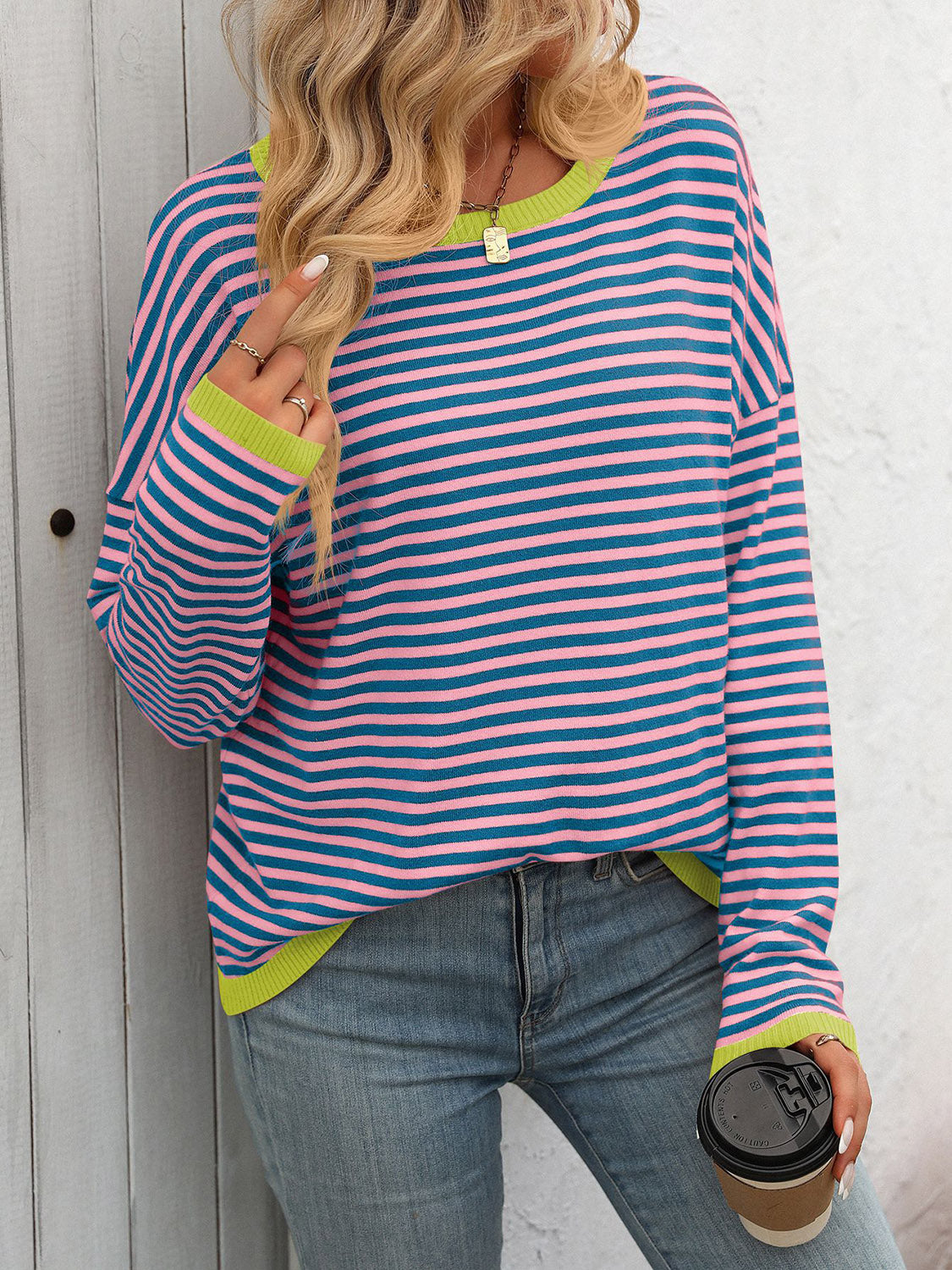 Mandy Striped Round Neck Long Sleeve Sweater - Sydney So Sweet