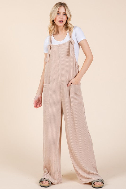 BOMBOM Knot Straps Wide Leg Ribbed Overalls with Pockets - Sydney So Sweet