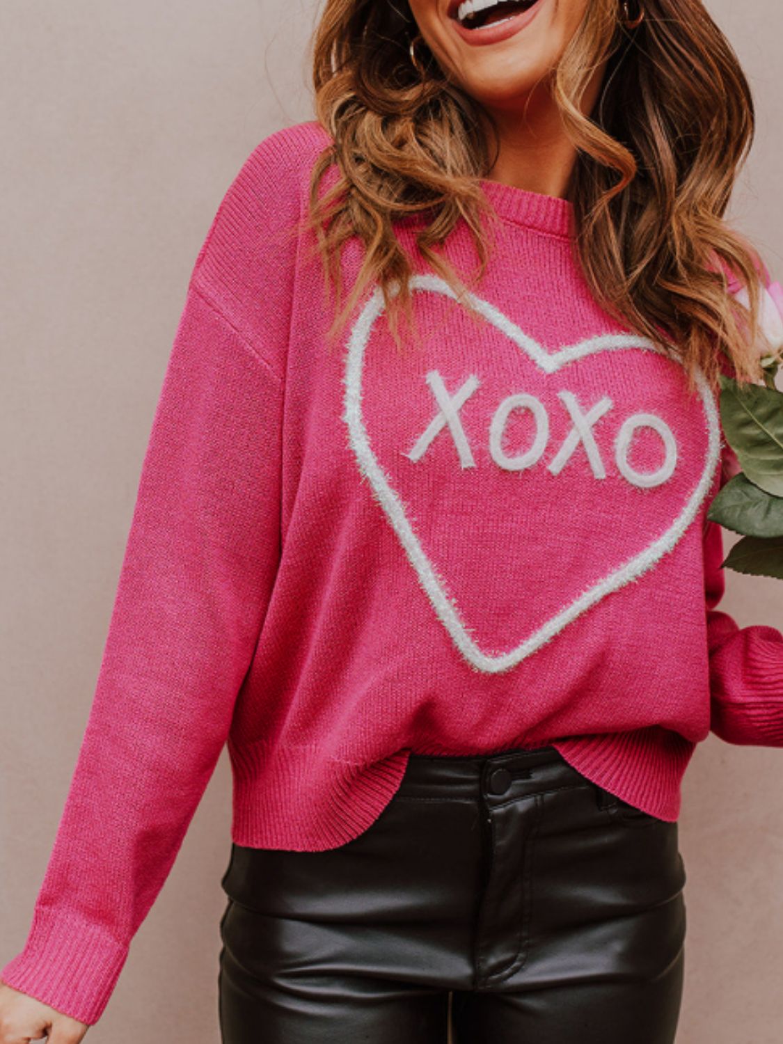 XOXO Round Neck Drop Shoulder Sweater - Sydney So Sweet