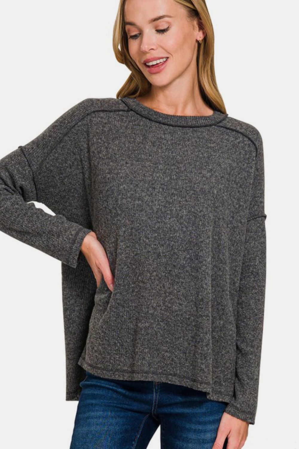 Zenana Full Size Exposed Seam Brushed Round Neck Sweater - Sydney So Sweet