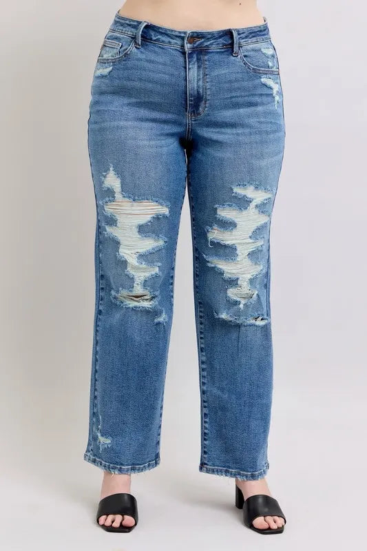 Judy Blue Full Size High Waist Heavy Destroy Straight Jeans Plus Size - Sydney So Sweet