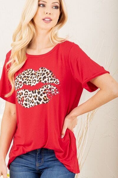 Heimish Full Size Leopard Lip Round Neck Short Sleeve T-Shirt Plus Size - Sydney So Sweet