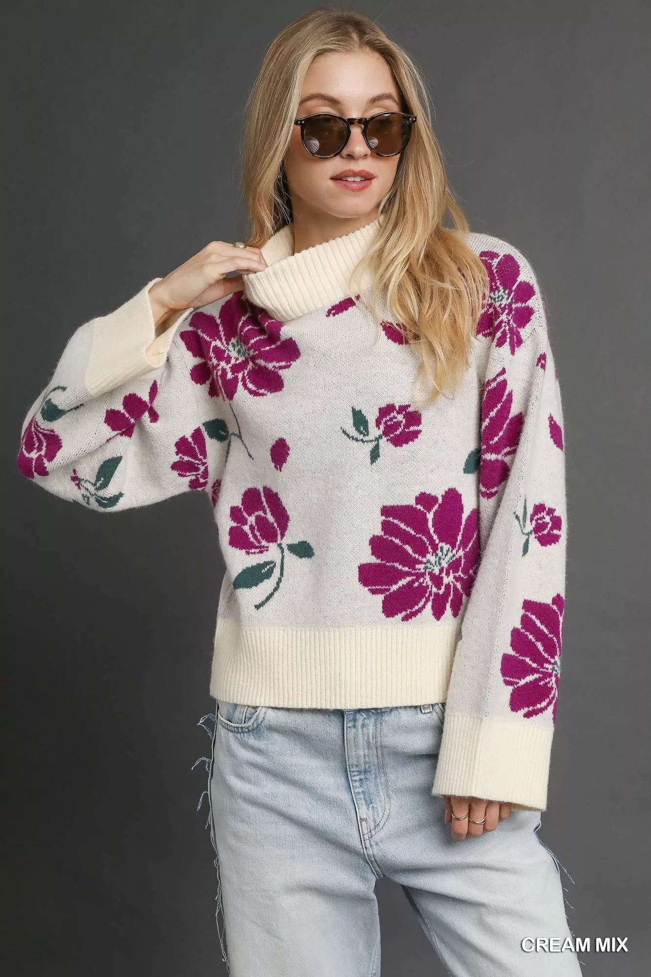 Umgee Floral Patterned Mock Neck Sweater - Sydney So Sweet