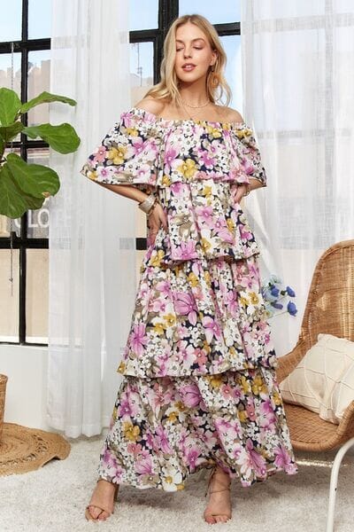 ADORA Layered Floral Off-Shoulder Short Sleeve Maxi Dress - Sydney So Sweet