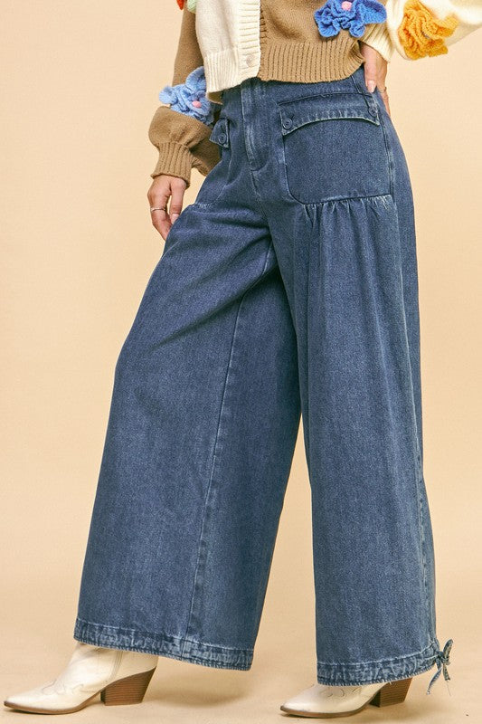 Davi & Dani Drawstring Hem Wide Leg Mid Rise Jeans - Sydney So Sweet