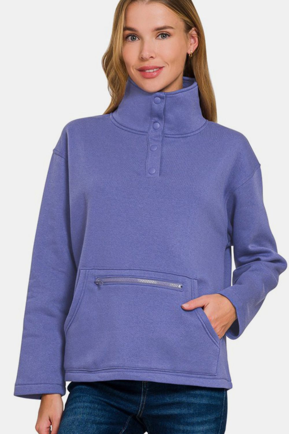 Zenana Turtleneck Half Snap Fleece Sweatshirt - Sydney So Sweet