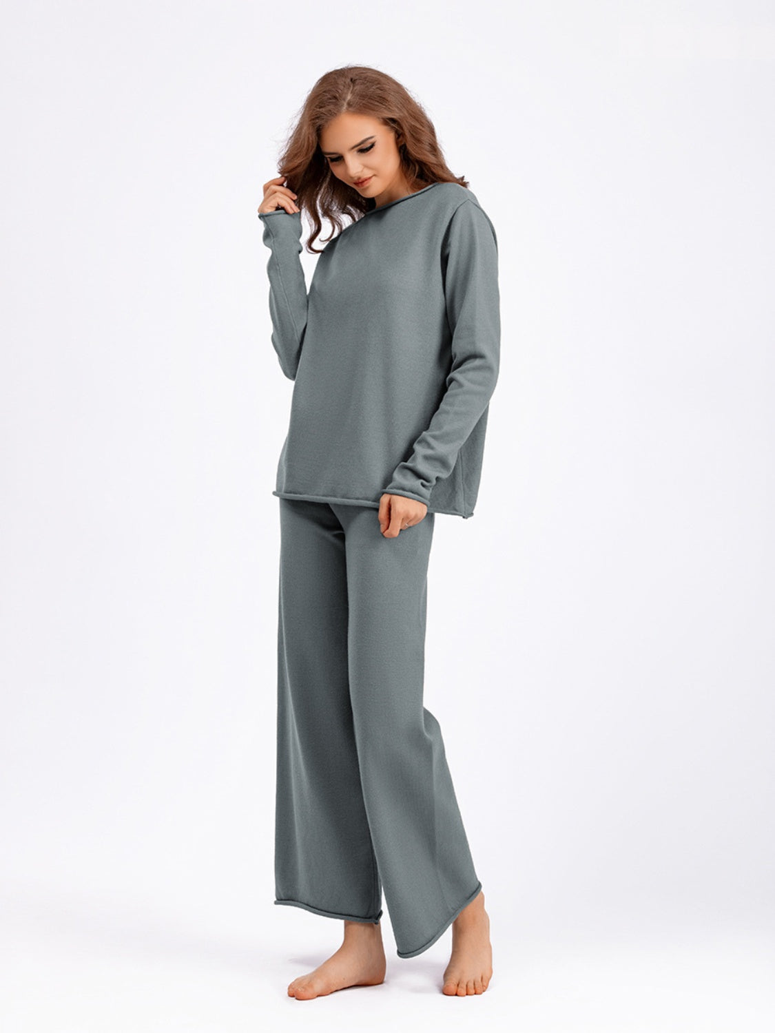 Basic Bae Rolled Round Neck Top and Pants Sweater Set - Sydney So Sweet