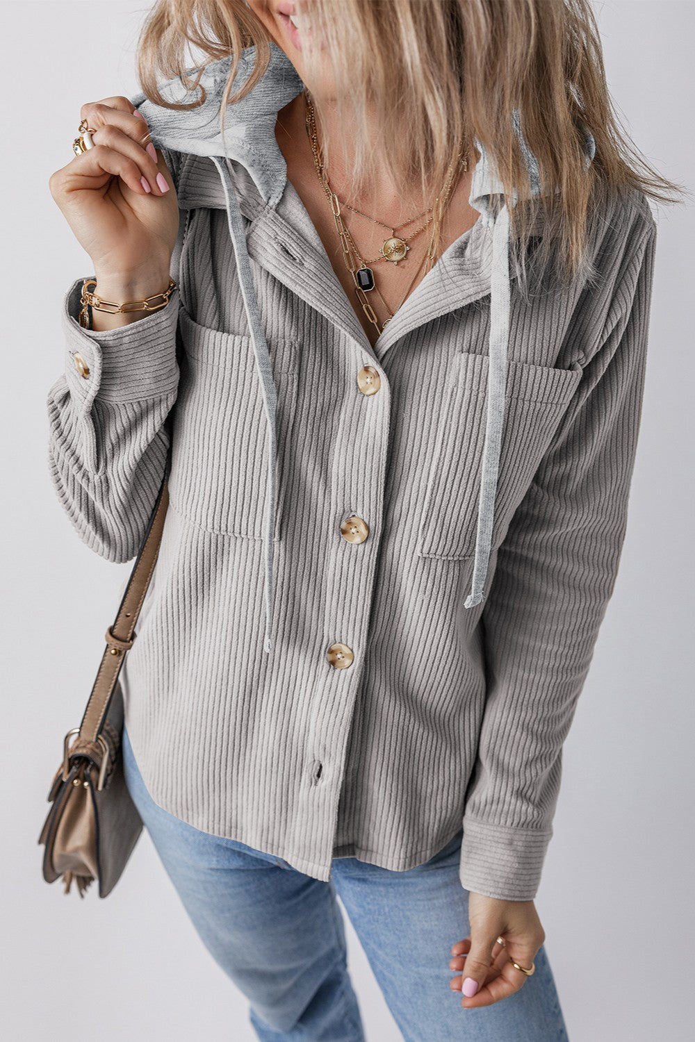 Drawstring Button Up Long Sleeve Hooded Jacket - Sydney So Sweet