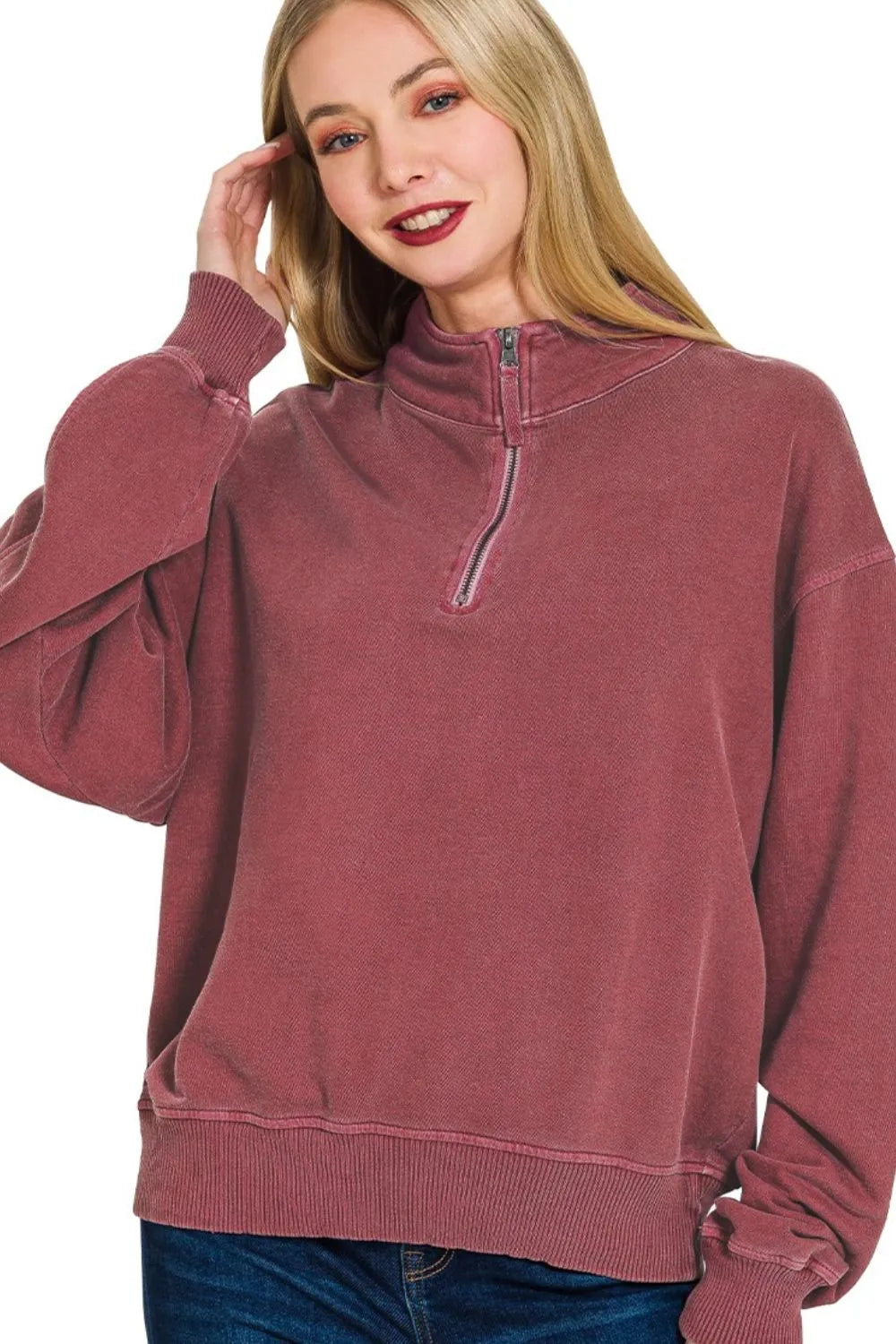 Zenana F/terry Pigment Dye & Enzyme Washing Half Zip Top - Sydney So Sweet