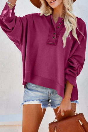 Quarter-Button Exposed Seam Dropped Shoulder Hoodie - Sydney So Sweet