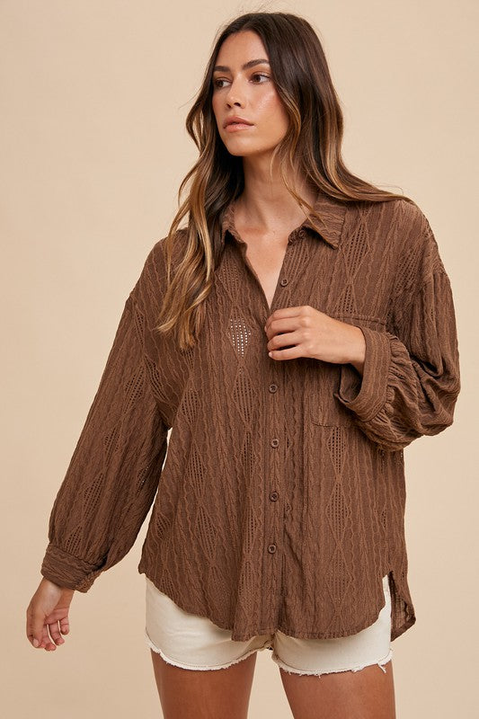 Annie Wear Openwork Button Down Drop Shoulder Shirt - Sydney So Sweet