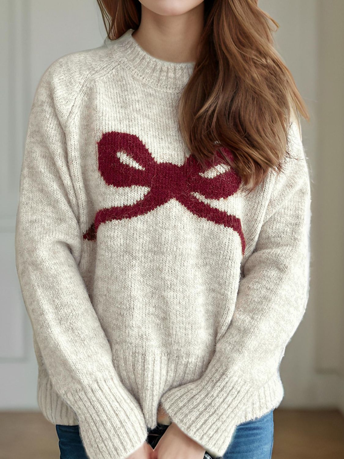 Bow Round Neck Long Sleeve Sweater - Sydney So Sweet