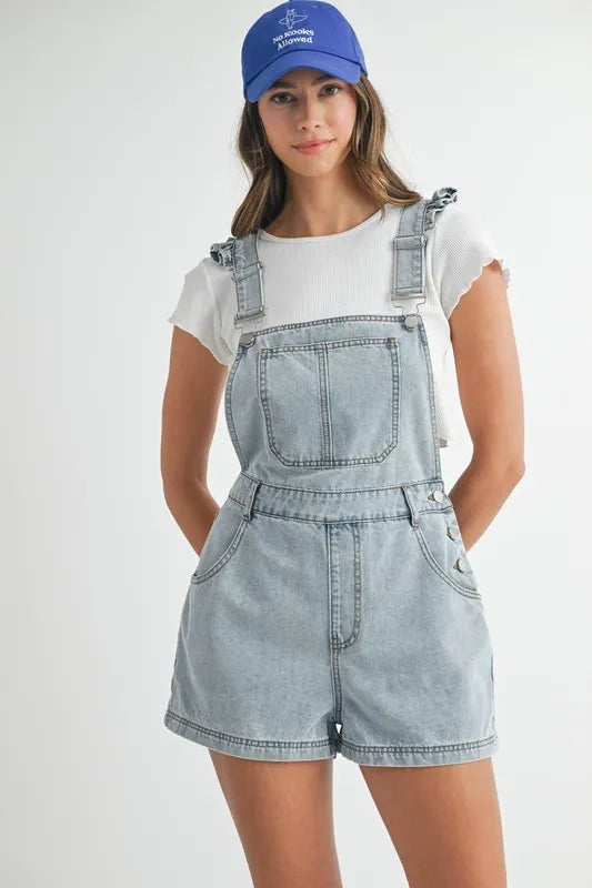 MABLE Square Neck Ruffle Shoulder Denim Overall Romper - Sydney So Sweet