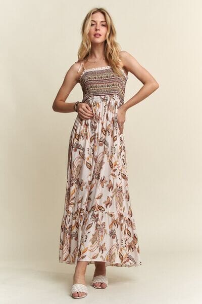 ADORA Smocked Printed Square Neck Tie Shoulder Cami Dress - Sydney So Sweet