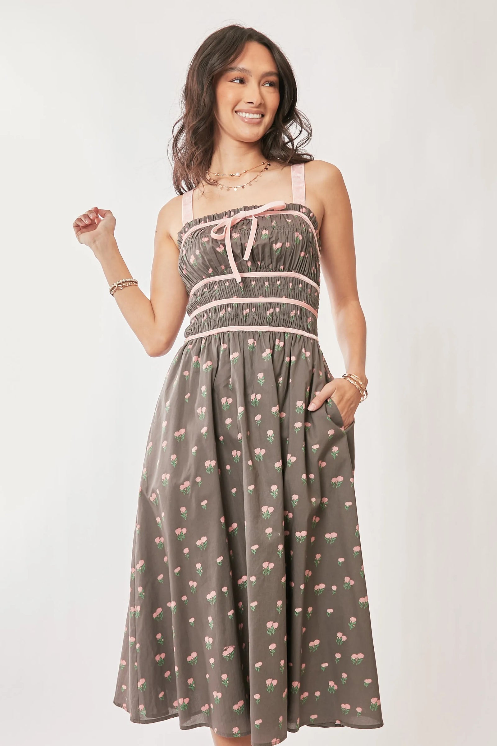 Davi & Dani Contrast Velvet Tape Smocking Bodice Midi Dress - Sydney So Sweet