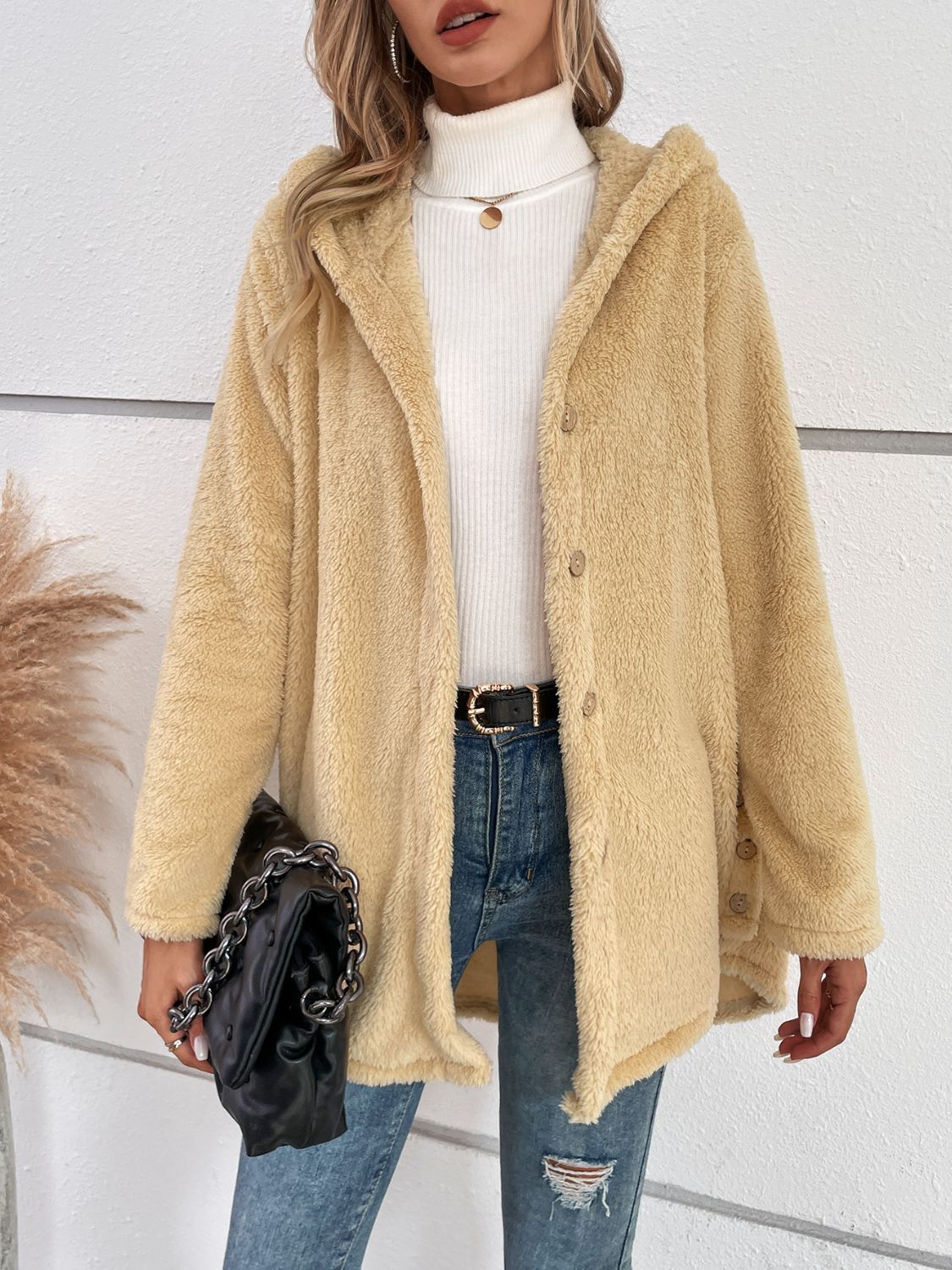 Fuzzy Button Up Hooded Jacket - Sydney So Sweet