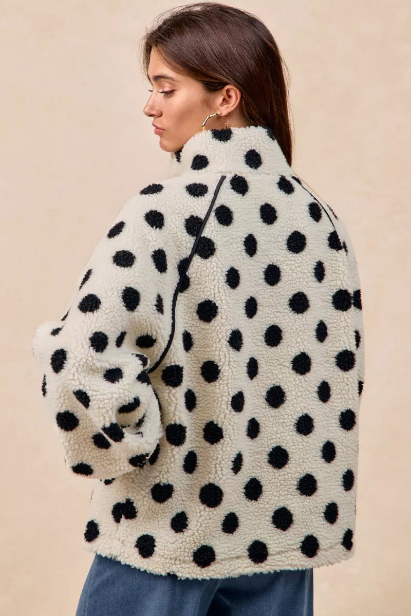 BiBi Polka Dot Sherpa Half Zip Up Top with Side Pocket - Sydney So Sweet