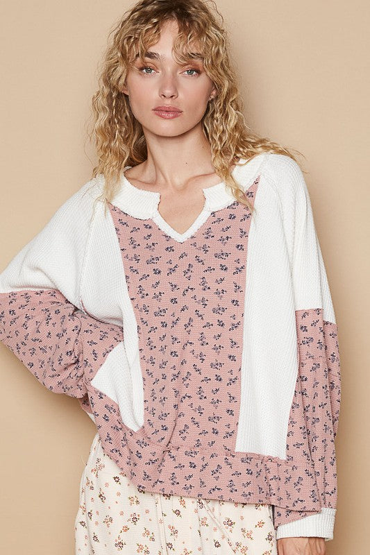 POL Waffle Knit Floral Notched Long Sleeve Top - Sydney So Sweet