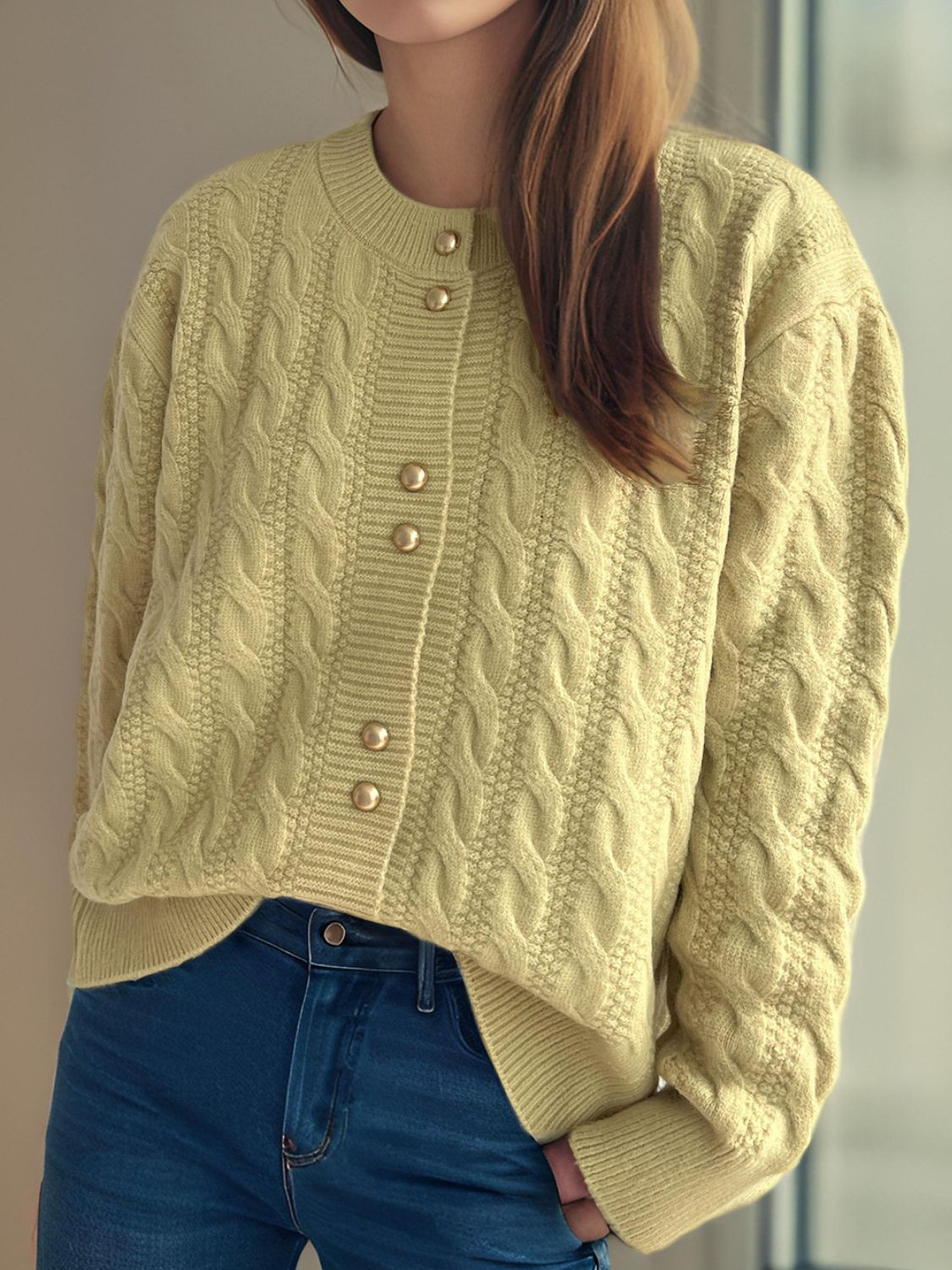 Cable-Knit Round Neck Long Sleeve Cardigan - Sydney So Sweet