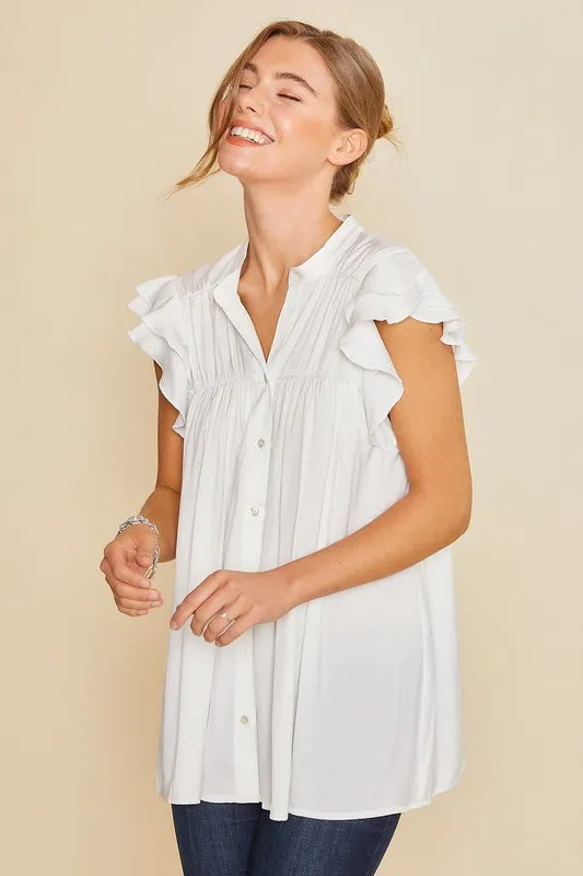 Annie Wear Ruffle Sleeve Shirred Flowy Woven Tunic Shirts - Sydney So Sweet