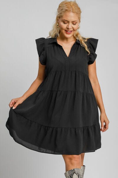 Umgee Full Size Johnny Collar Ruffle Cap Sleeve Tiered Dress Plus Size - Sydney So Sweet
