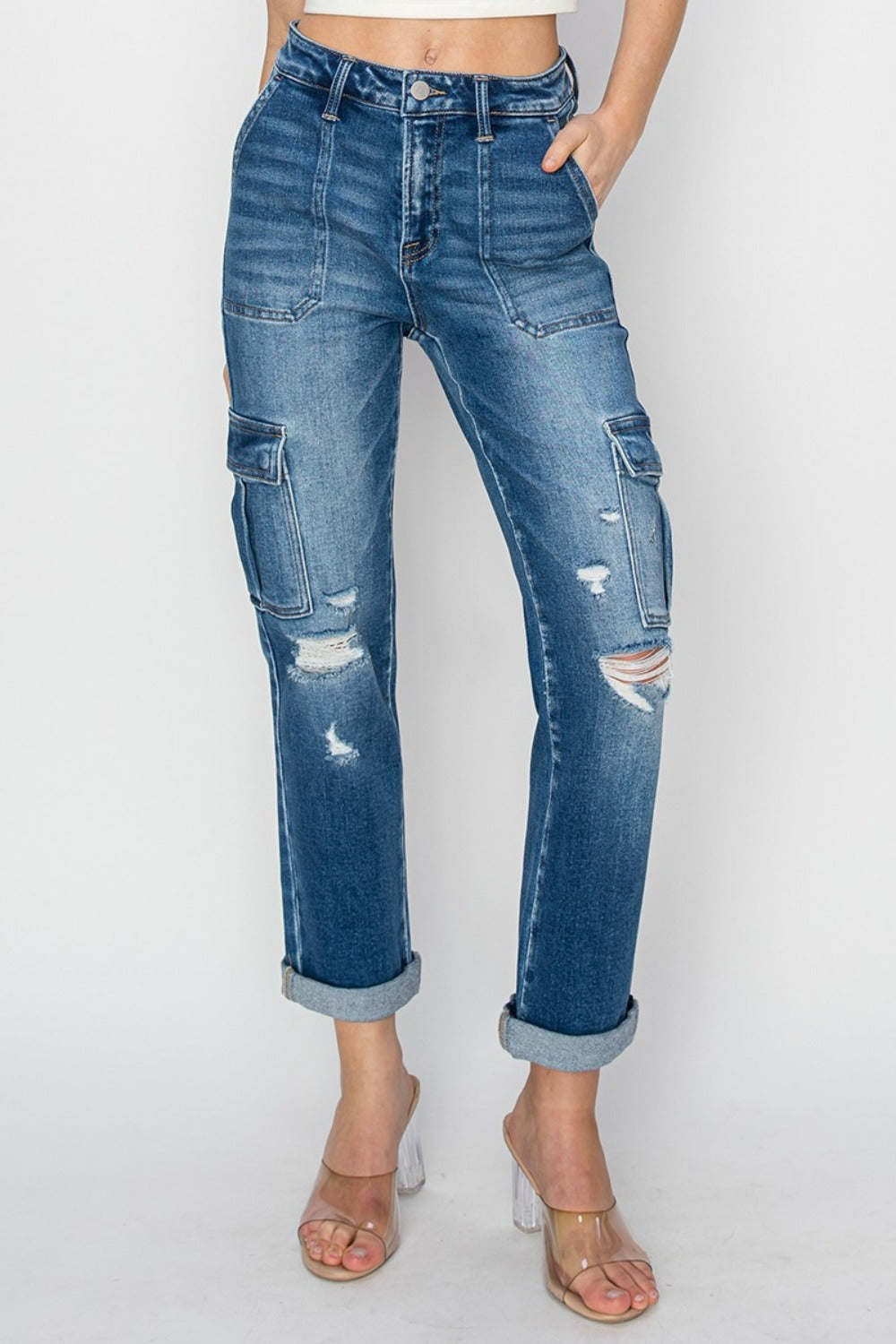 RISEN Full Size High Rise Cargo Ankle Roll Up Straight Jeans - Sydney So Sweet