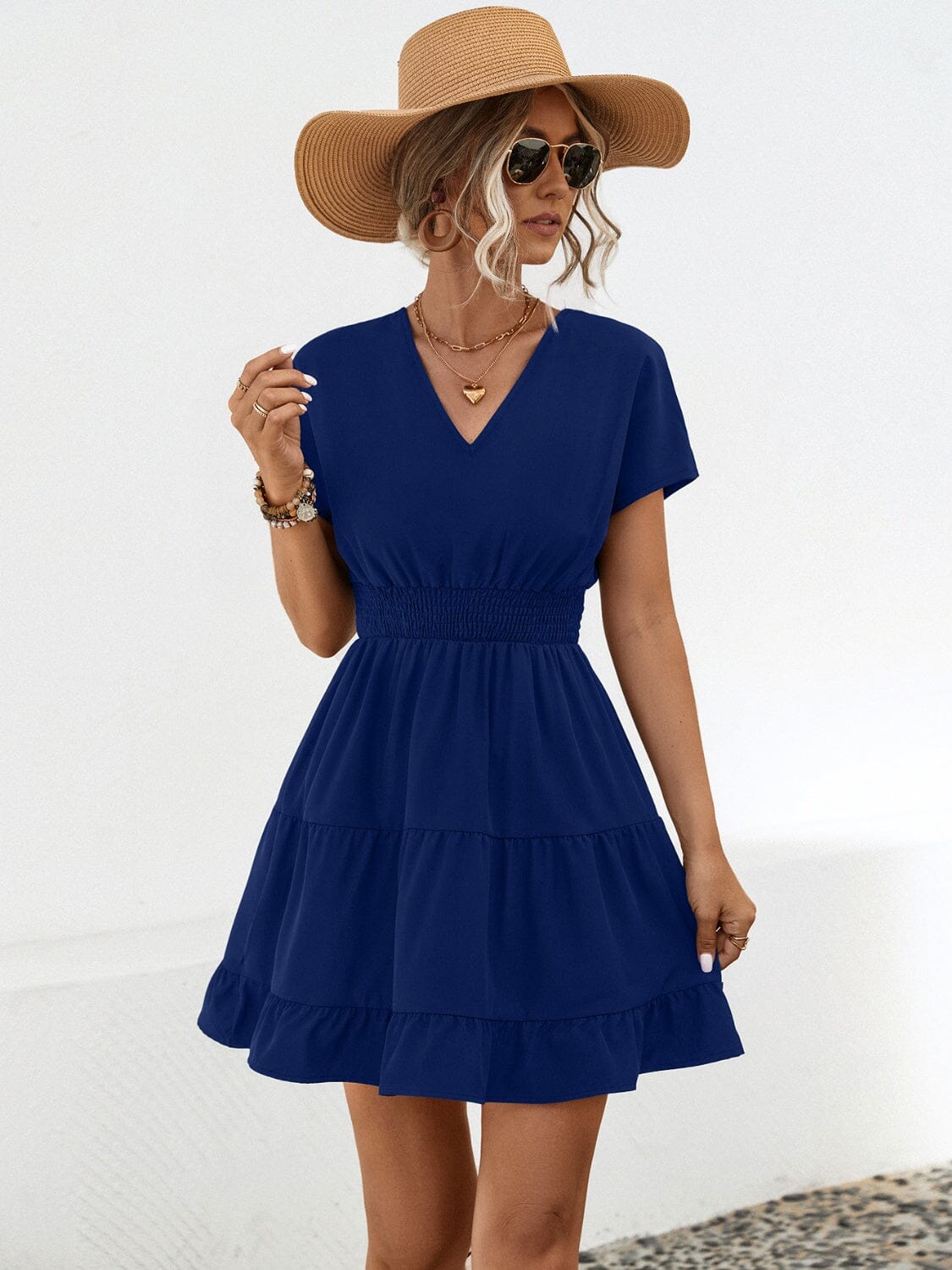 Ruffled Smocked V-Neck Tiered Dress - Sydney So Sweet