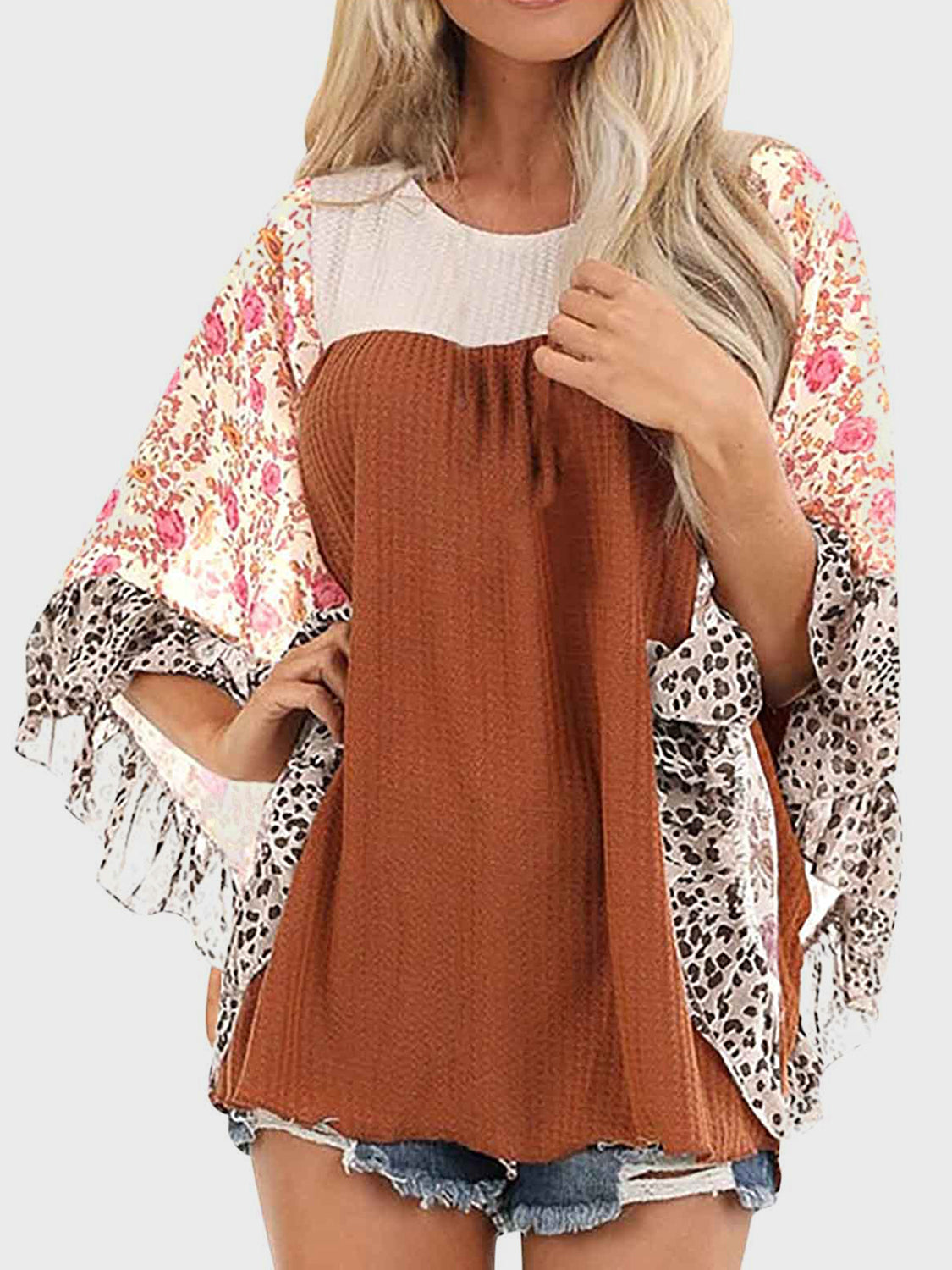 Full Size Printed Round Neck Three-Quarter Sleeve Blouse - Sydney So Sweet