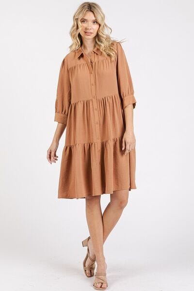 Mittoshop Button Detail Collared Neck Tiered Shirt Dress - Sydney So Sweet