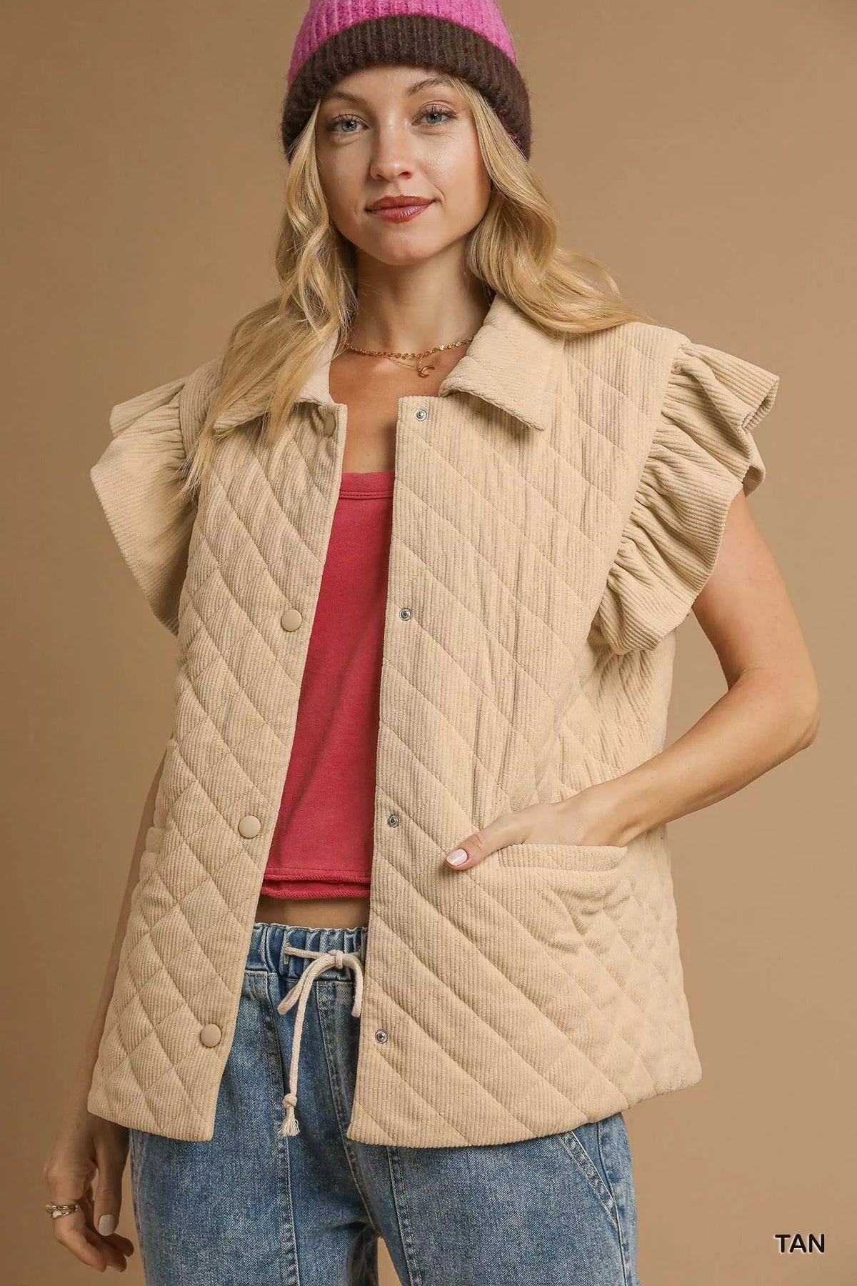 Umgee Corduroy Quilted Ruffle Sleeve Vest - Sydney So Sweet