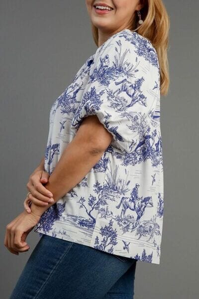 Umgee Full Size Two Tone Landscape Round Neck Print Top Plus Size - Sydney So Sweet