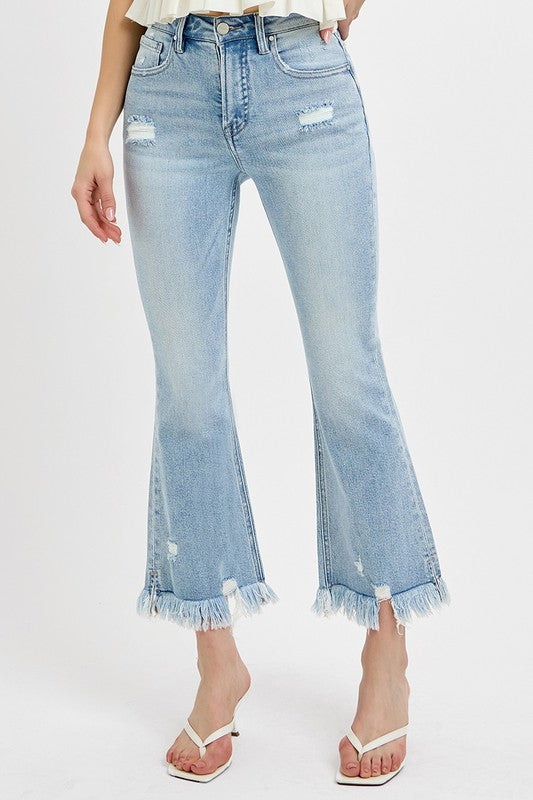 RISEN Full Size Raw Hem Distressed Cropped Flare Jeans Plus Size - Sydney So Sweet