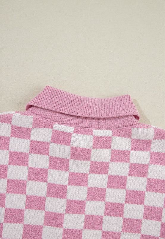 Checkered Collared Neck Long Sleeve Sweater - Sydney So Sweet