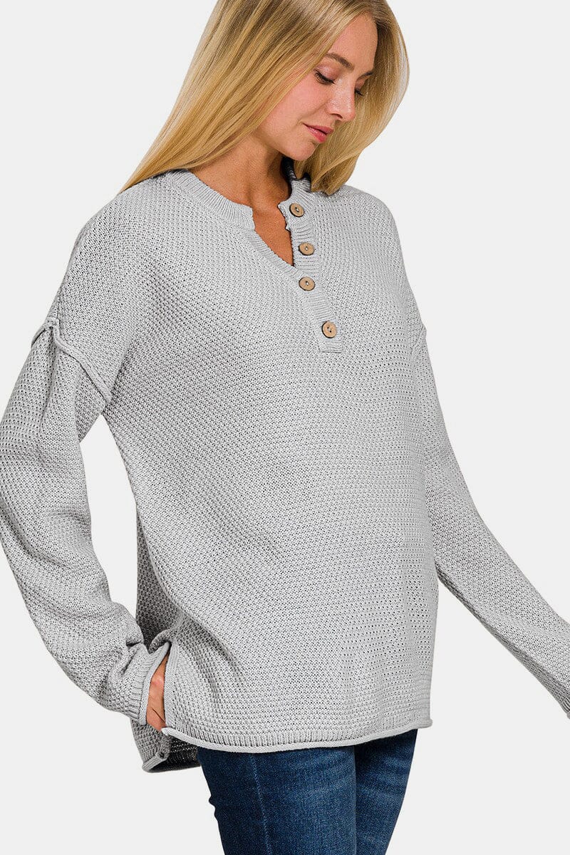 Zenana Button Closure Drop Shoulder Sweater - Sydney So Sweet