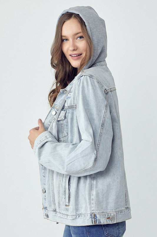 RISEN Full Size Distressed Drawstring Hooded Denim Jacket - Sydney So Sweet