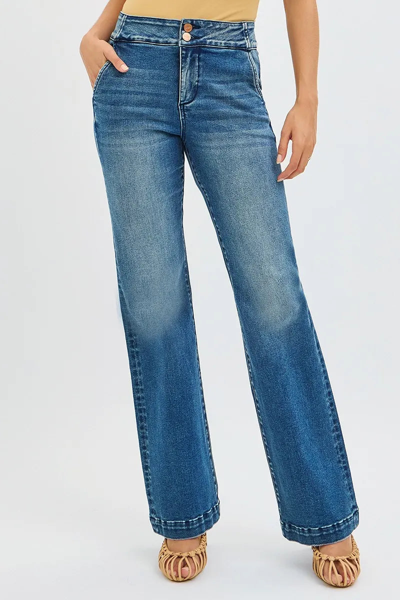 RISEN Full Size Tummy Control High Rise Bootcut Jeans with Double Button Waistband Plus Size - Sydney So Sweet