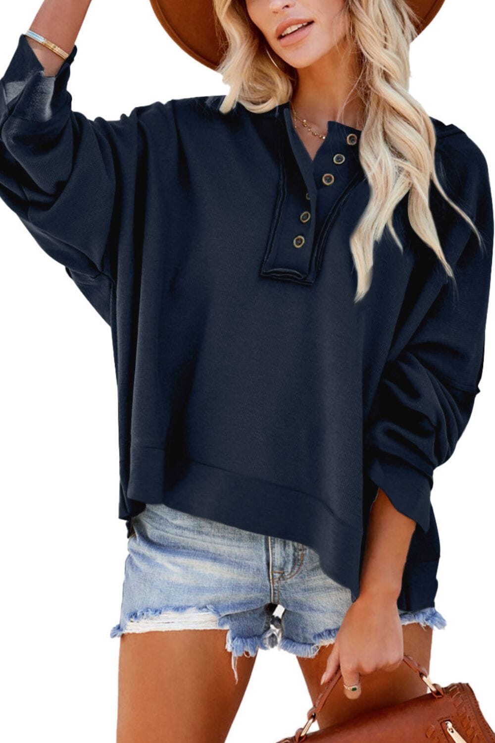 Quarter-Button Exposed Seam Dropped Shoulder Hoodie - Sydney So Sweet