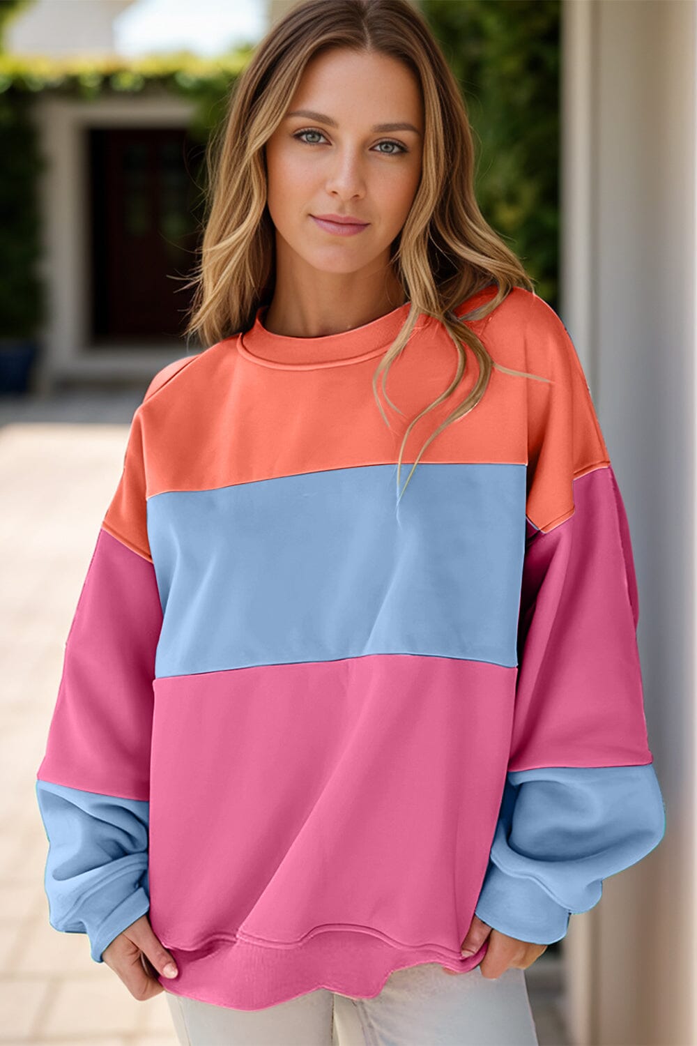 Color Block Round Neck Long Sleeve Sweatshirt - Sydney So Sweet