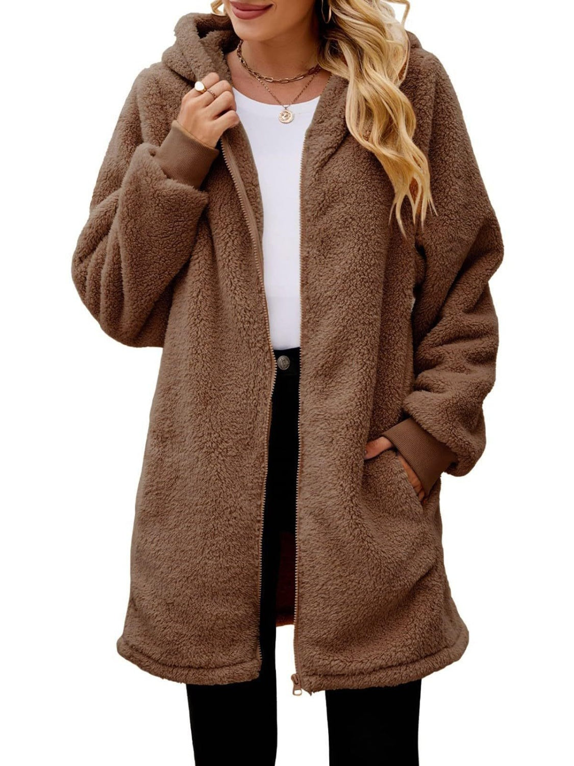 Fuzzy Pocketed Zip Up Long Sleeve Hooded Jacket - Sydney So Sweet