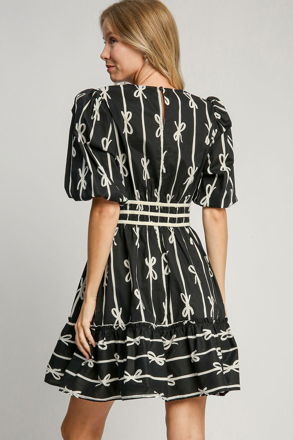 Umgee Ribbon Print Frill Contrast Velvet Trim Half Sleeve Dress - Sydney So Sweet