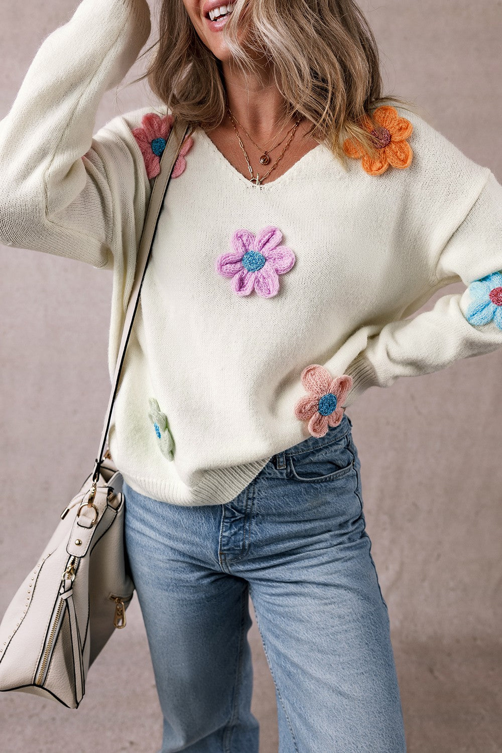 Crochet Flower V-Neck Long Sleeve Sweater - Sydney So Sweet