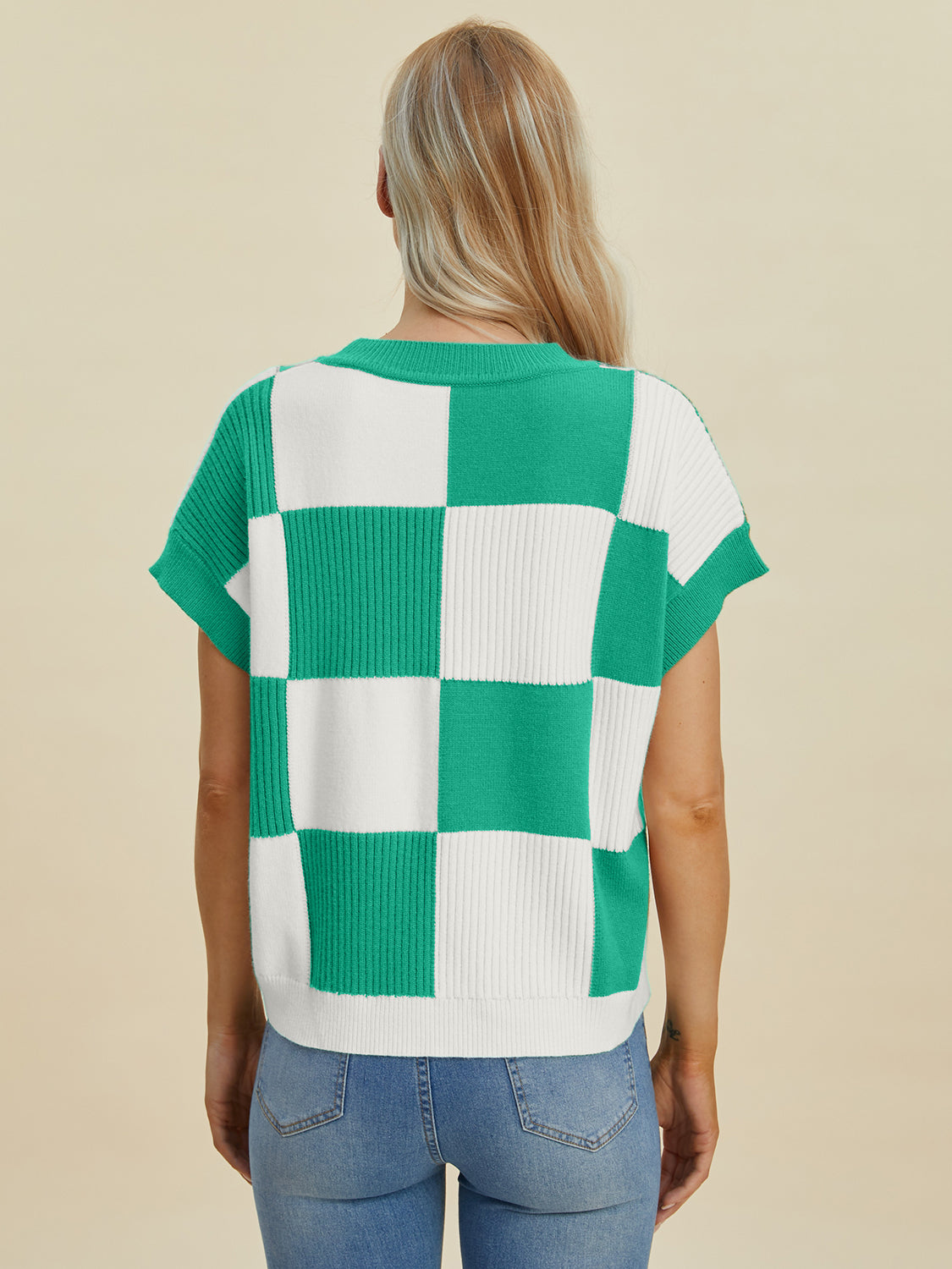 Double Take Full Size Checkered Round Neck Short Sleeve Sweater - Sydney So Sweet