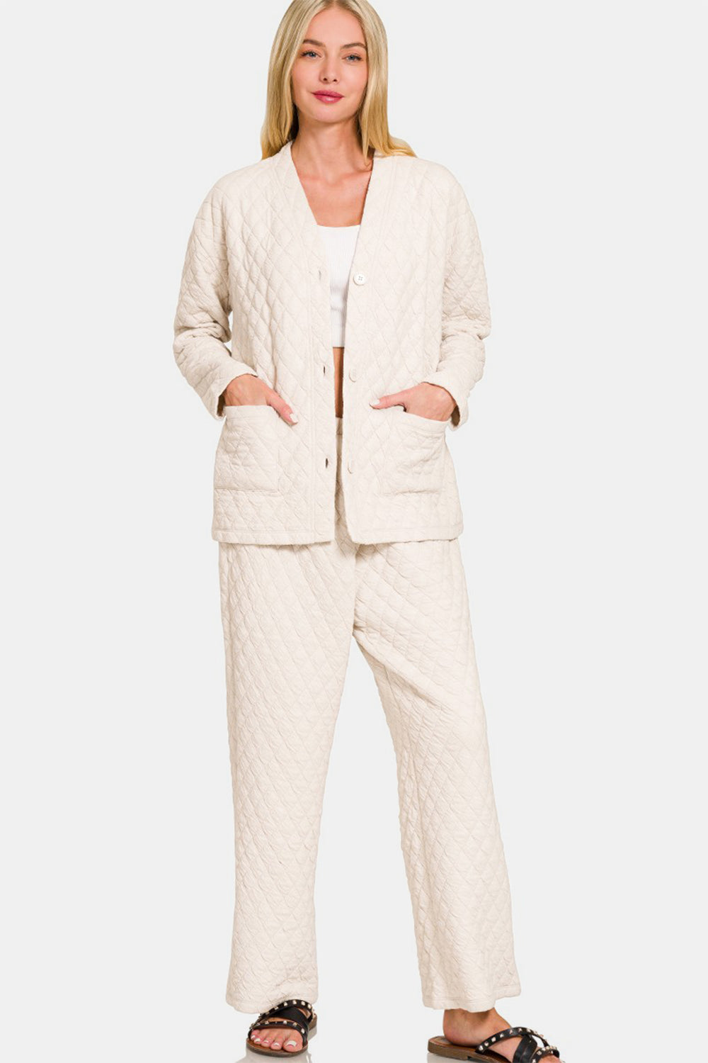 Zenana Quilted Button Up Long Sleeve Top and Pants Lounge Set - Sydney So Sweet