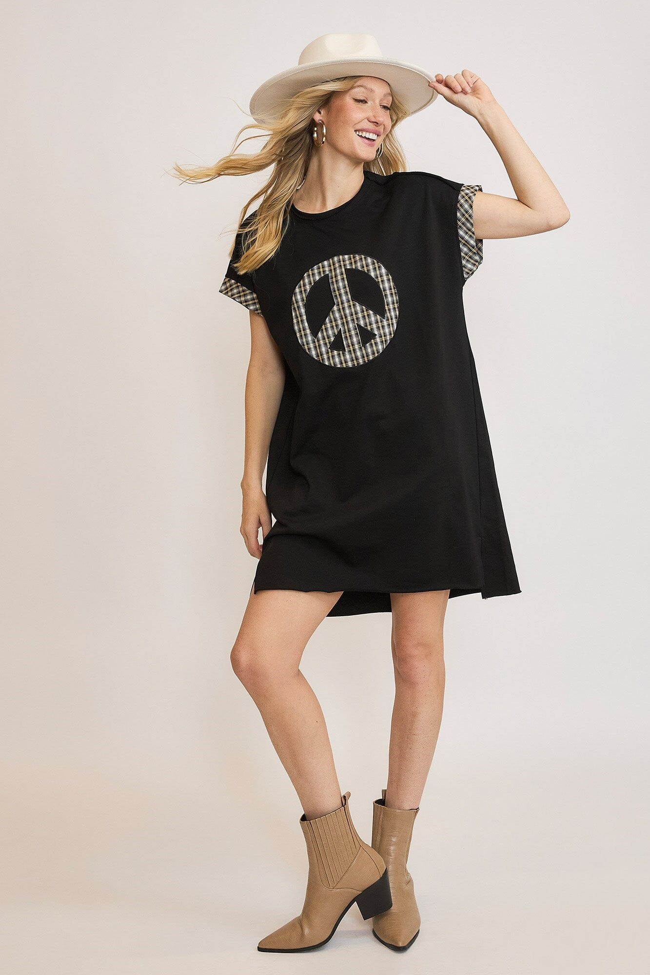 Umgee Peace Plaid Applique Short Sleeve Mini Dress Black / S Umgee Peace Plaid Applique Short Sleeve Mini Dress Black / S