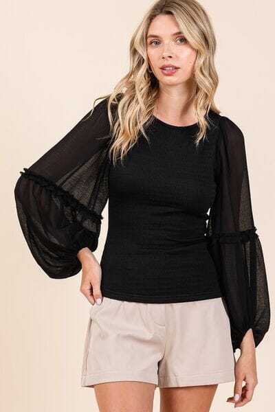 Mittoshop Mixed Media Textured Knit Chiffon Long Sleeve Top - Sydney So Sweet