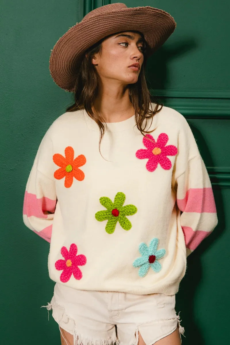 BiBi Colorful Floral Patched Sweater with Striped Sleeve - Sydney So Sweet
