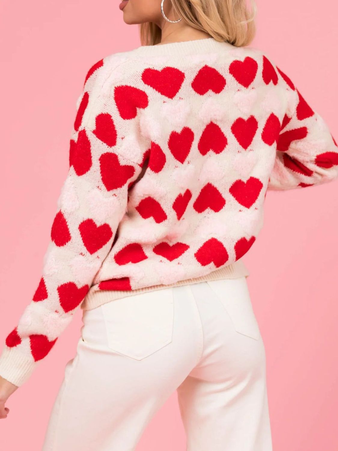 Valentine’s Day Fuzzy Heart Round Neck Long Sleeve Sweater - Sydney So Sweet