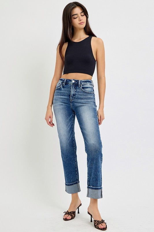 RISEN Full Size High Rise Crop Straight Roll Up Jeans - Sydney So Sweet