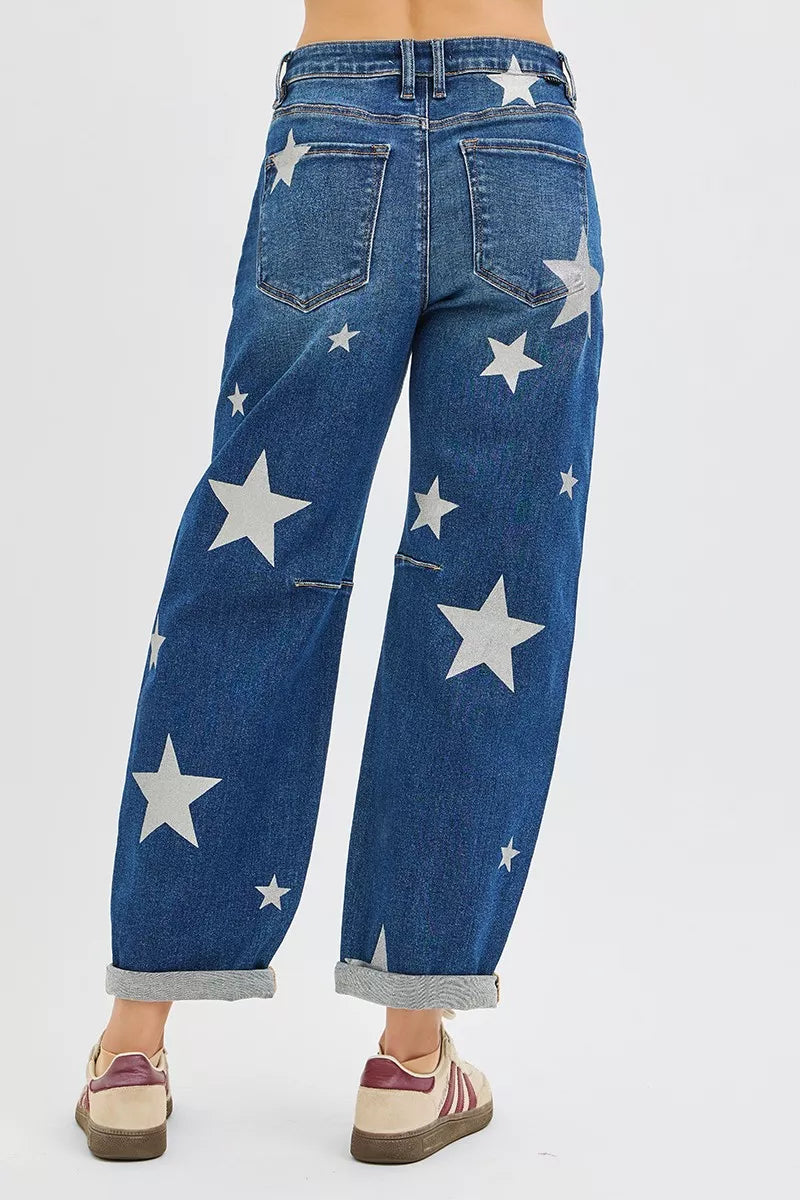 RISEN Mid Rise Ankle Length Relaxed Barrel Star Printed Jeans - Sydney So Sweet